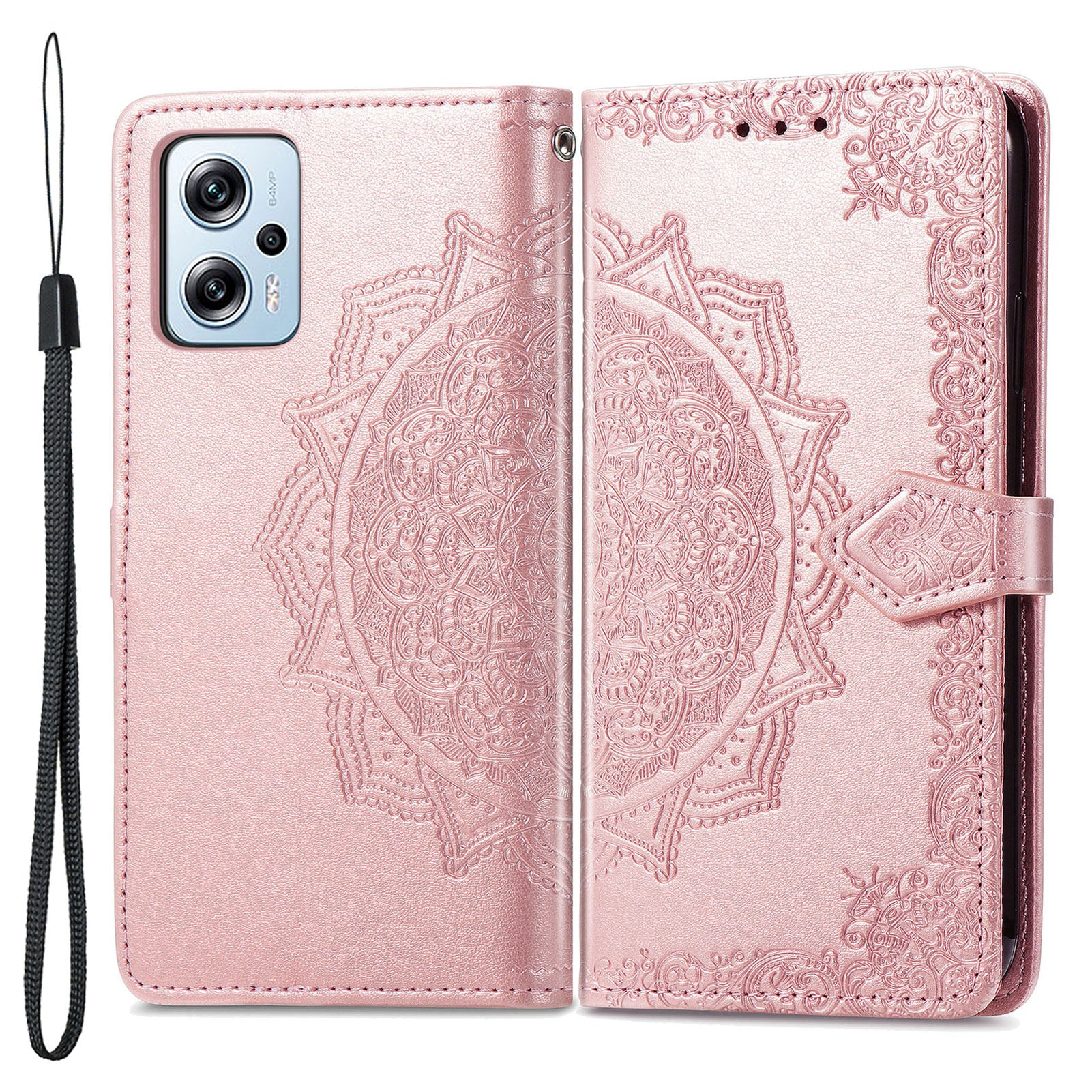 For Xiaomi Redmi Note 11T Pro 5G Note 11T Pro 5G Note 12T Pro 5G Poco X4 GT 5G Redmi K50i 5G PU Leather Phone Case Embossed Mandala Pattern Wallet Stand Magnetic Protective Cover with Strap