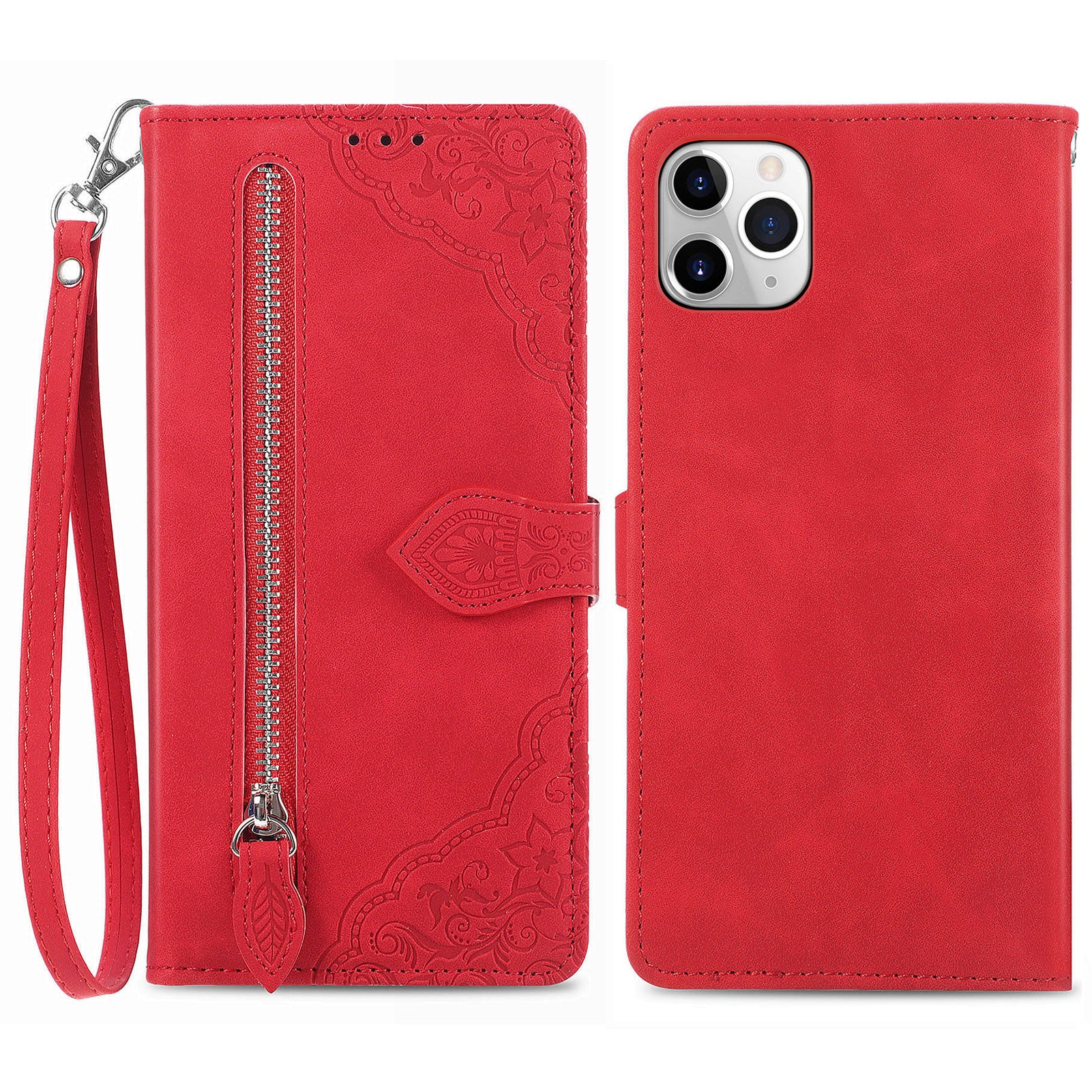 For iPhone 11 Pro 5.8 inch Flower Imprinted Pattern PU Leather Zipper Pocket Shockproof Phone Case Wallet Stand Cell Phone Cover - Brown