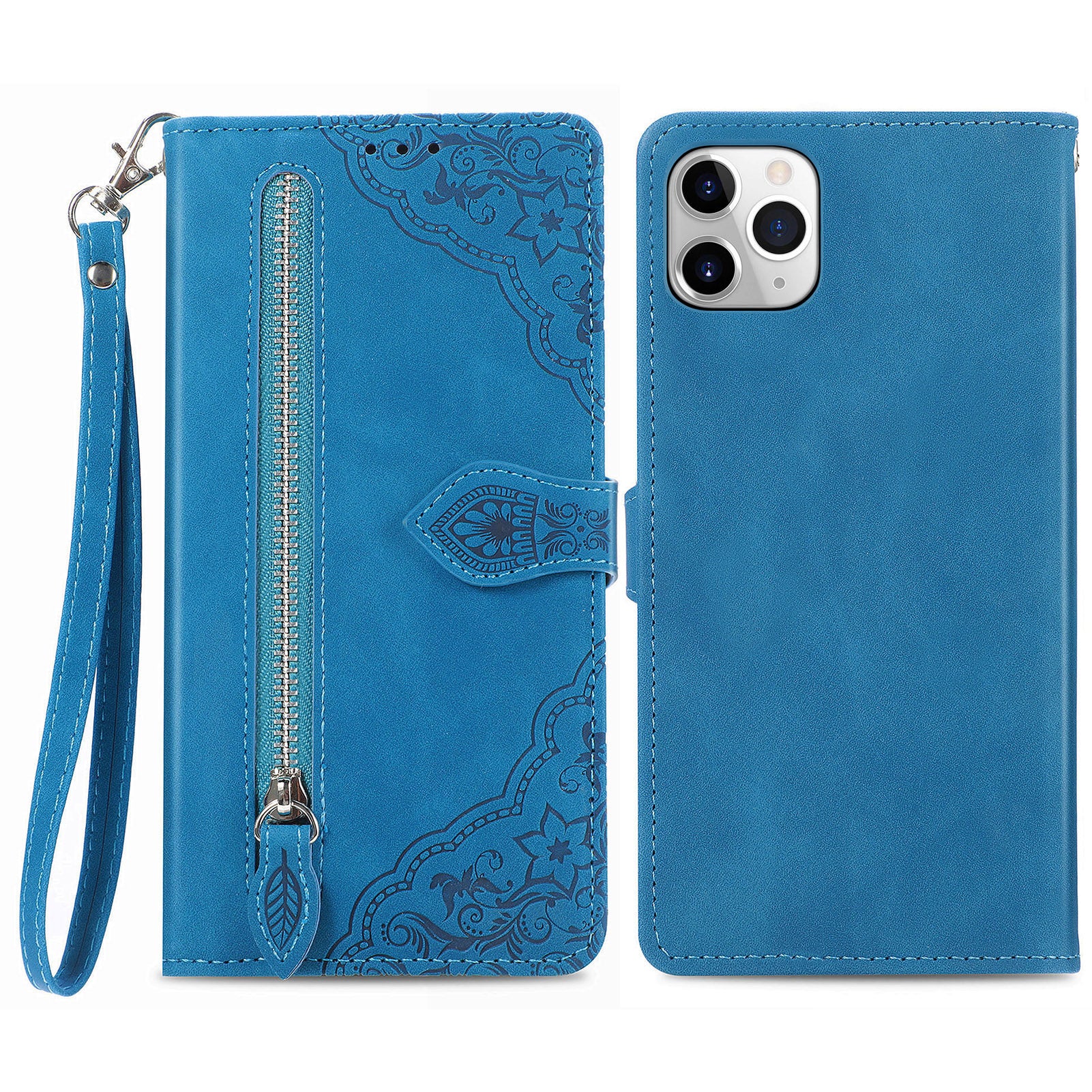 For iPhone 11 Pro 5.8 inch Flower Imprinted Pattern PU Leather Zipper Pocket Shockproof Phone Case Wallet Stand Cell Phone Cover - Brown