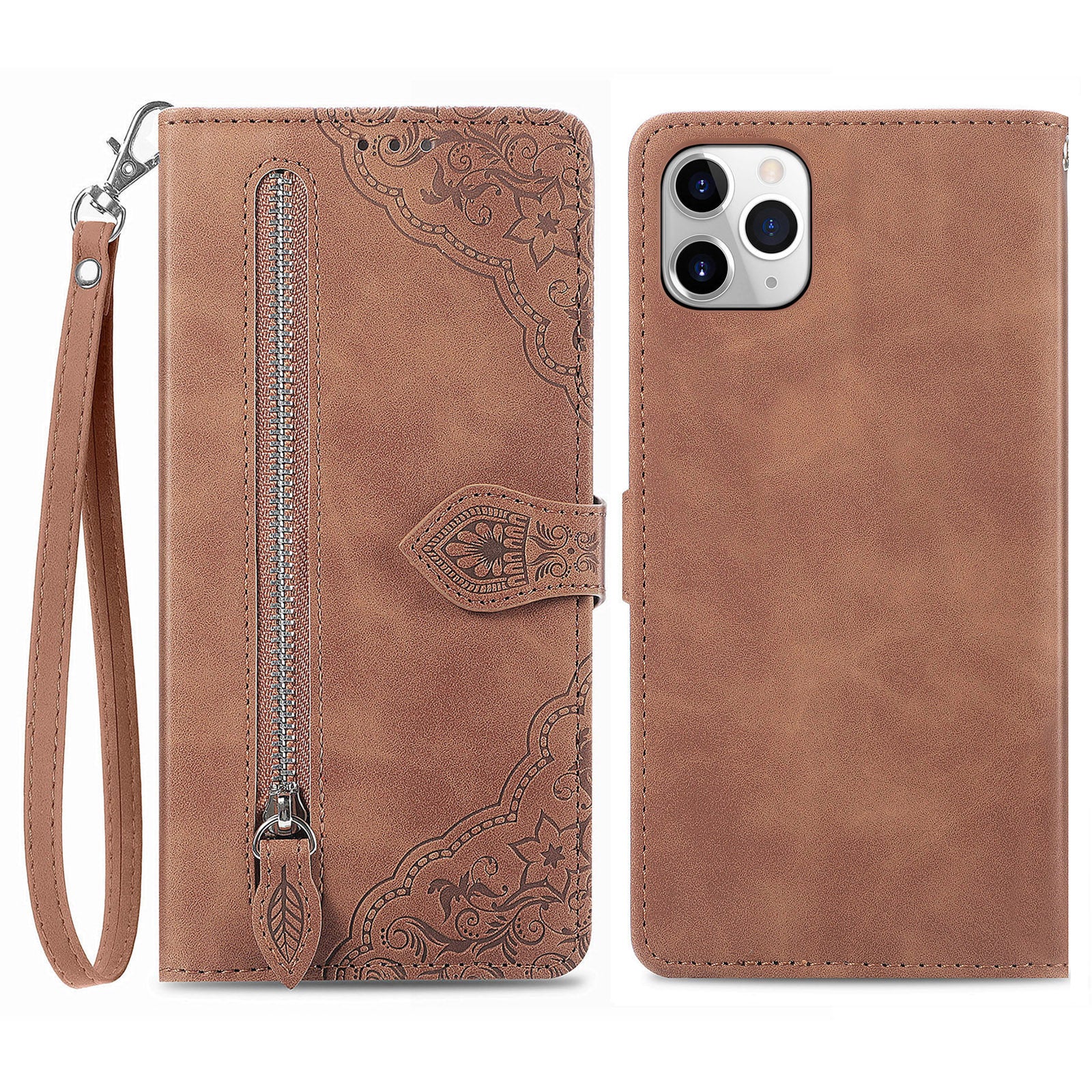 For iPhone 11 Pro 5.8 inch Flower Imprinted Pattern PU Leather Zipper Pocket Shockproof Phone Case Wallet Stand Cell Phone Cover