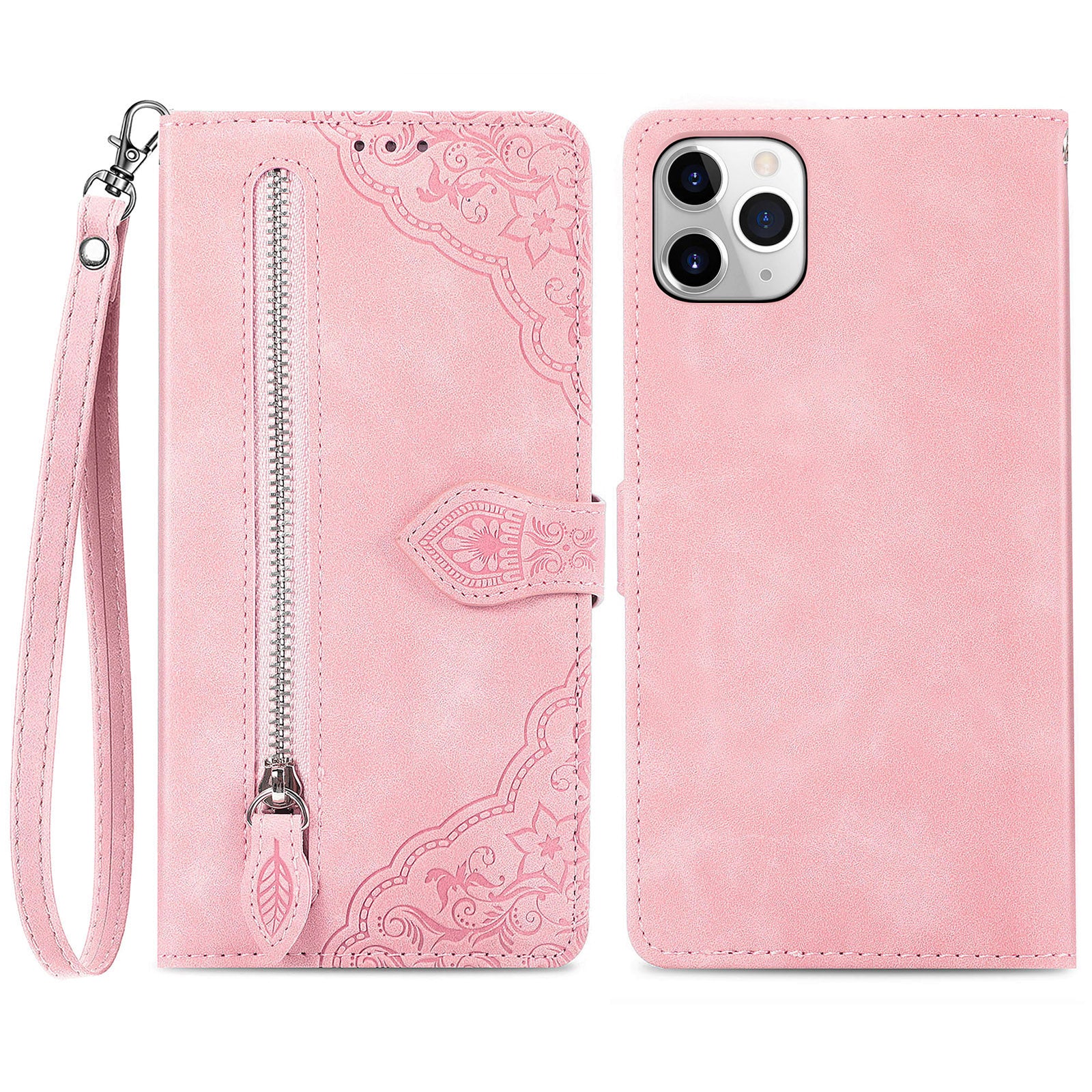 Flower Imprinted Pattern Phone Cover For iPhone 11 Pro Max 6.5 inch, PU Leather Zipper Pocket Full Protection Smartphone Case Wallet Stand - Brown