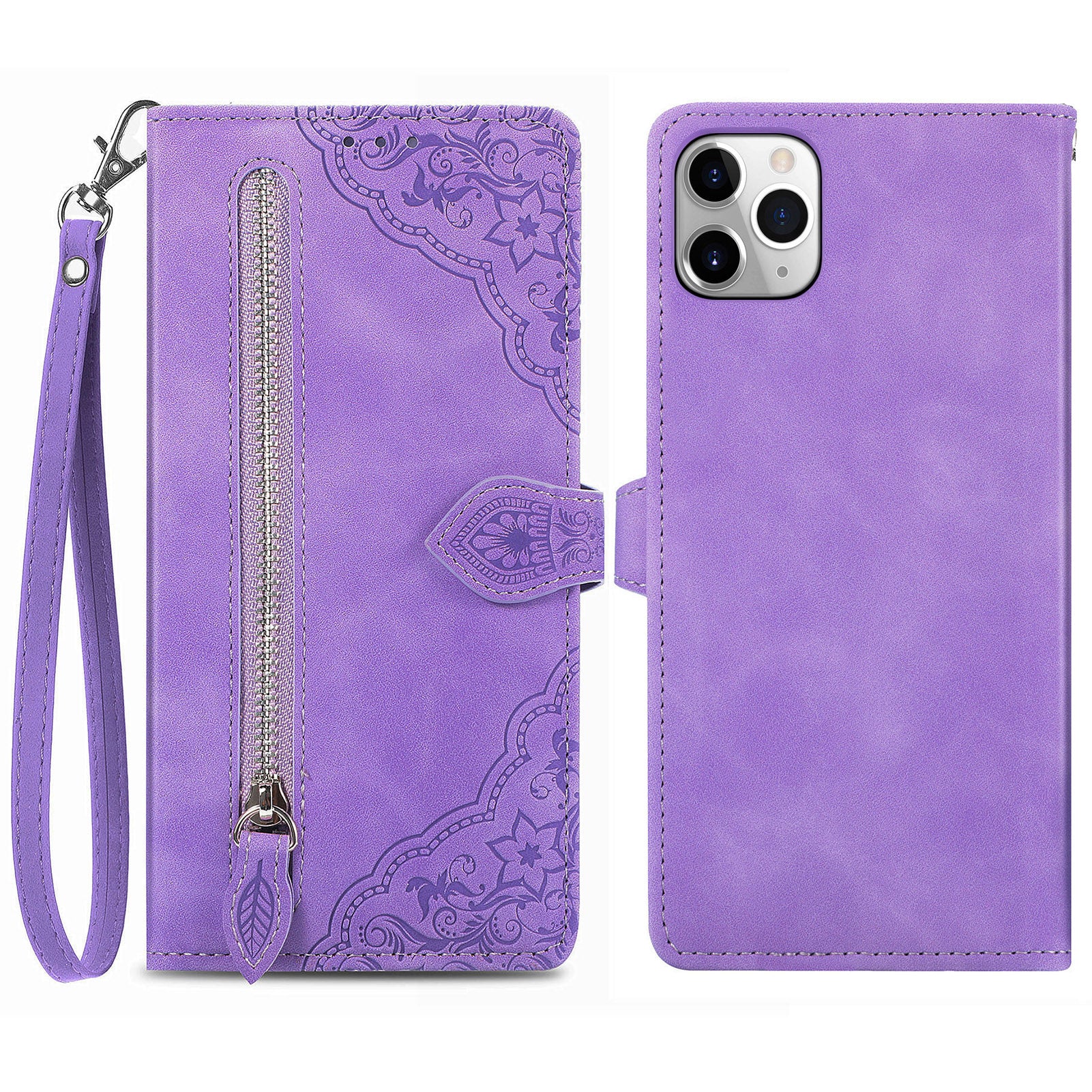 Flower Imprinted Pattern Phone Cover For iPhone 11 Pro Max 6.5 inch, PU Leather Zipper Pocket Full Protection Smartphone Case Wallet Stand - Brown