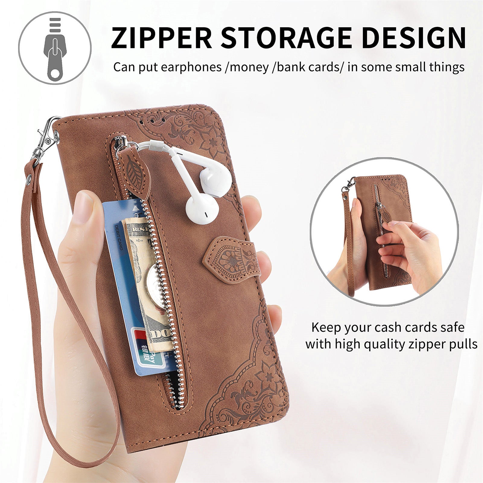Flower Imprinted Pattern Phone Cover For iPhone 11 Pro Max 6.5 inch PU Leather Zipper Pocket Full Protection Smartphone Case Wallet Stand