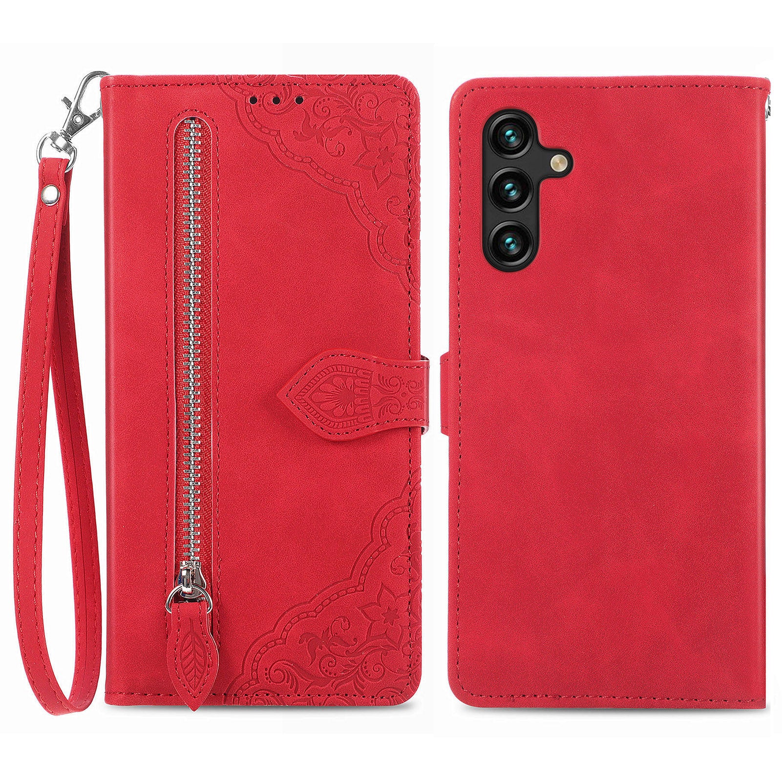 For Samsung Galaxy A04s 4G (164.7 x 76.7 x 9.1 mm) A13 5G M13 5G Flower Imprinted Pattern PU Leather Zipper Pocket Cell Phone Cover Stand Wallet Case