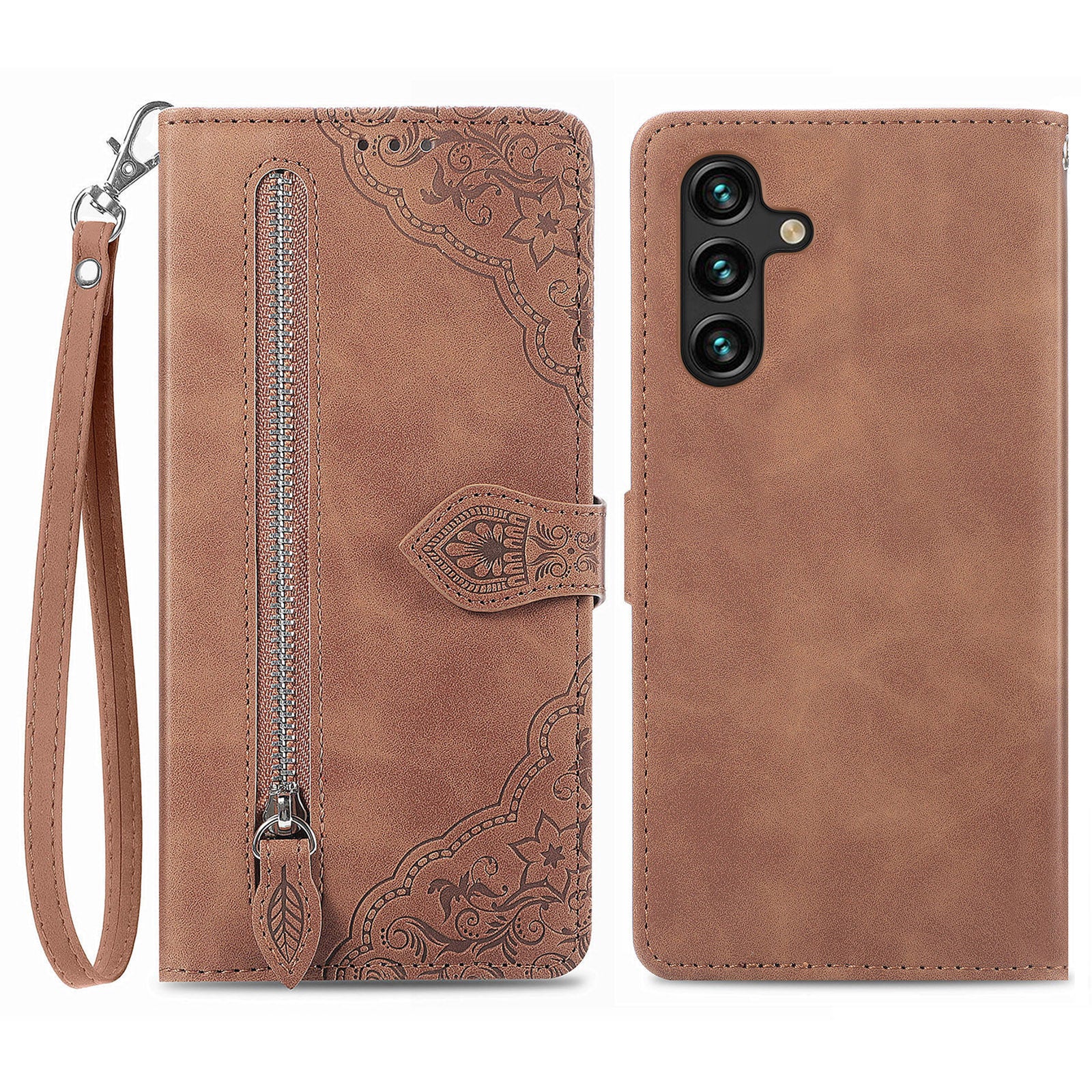 For Samsung Galaxy A04s 4G (164.7 x 76.7 x 9.1 mm) A13 5G M13 5G Flower Imprinted Pattern PU Leather Zipper Pocket Cell Phone Cover Stand Wallet Case