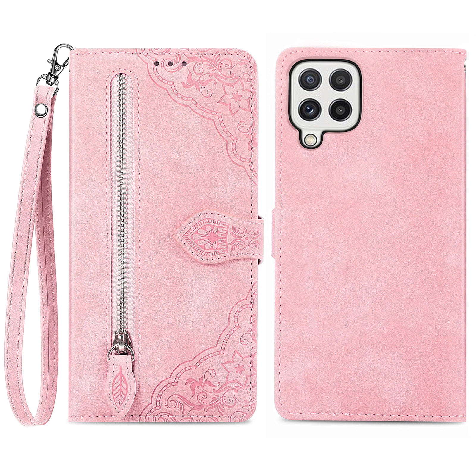 Anti-drop Phone Cover For Samsung Galaxy A12 Flower Imprinted Pattern PU Leather Zipper Pocket Smartphone Case Wallet Stand