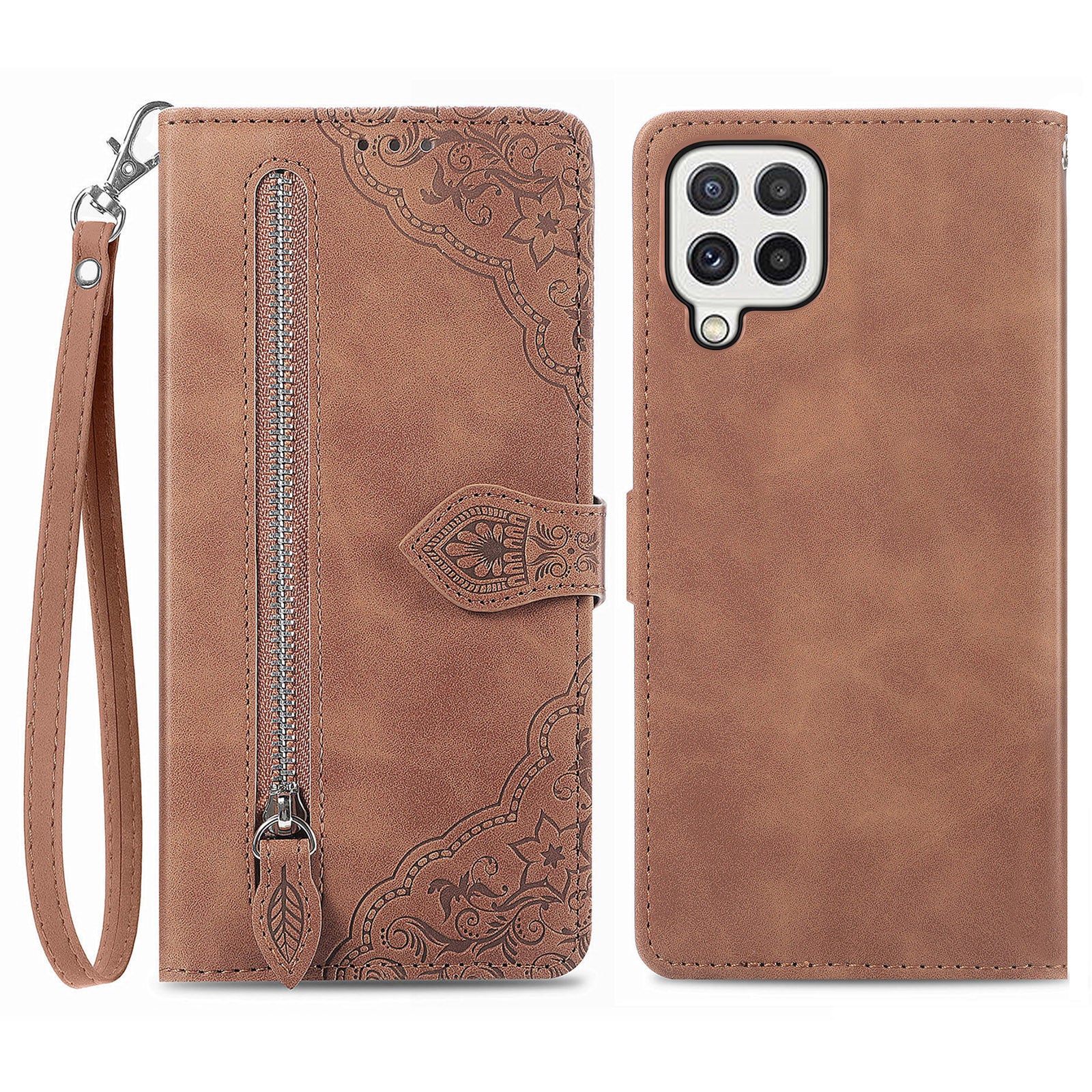 Anti-drop Phone Cover For Samsung Galaxy A12 Flower Imprinted Pattern PU Leather Zipper Pocket Smartphone Case Wallet Stand