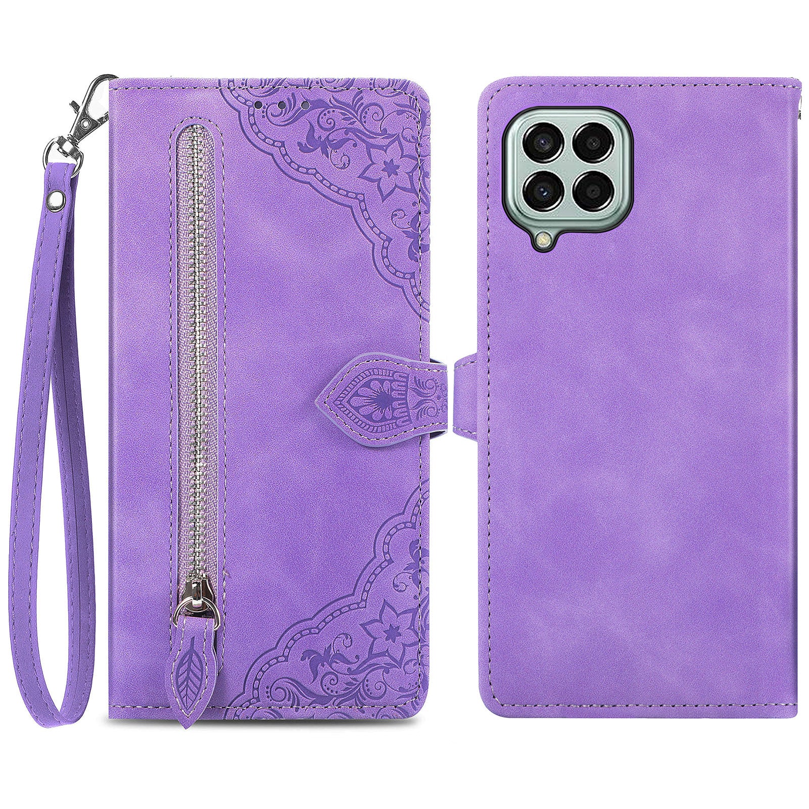Cell Phone Cover For Samsung Galaxy M33 5G (Global Version) Flower Imprinted Pattern PU Leather Zipper Pocket Anti-fall Protective Phone Wallet Case with Stand