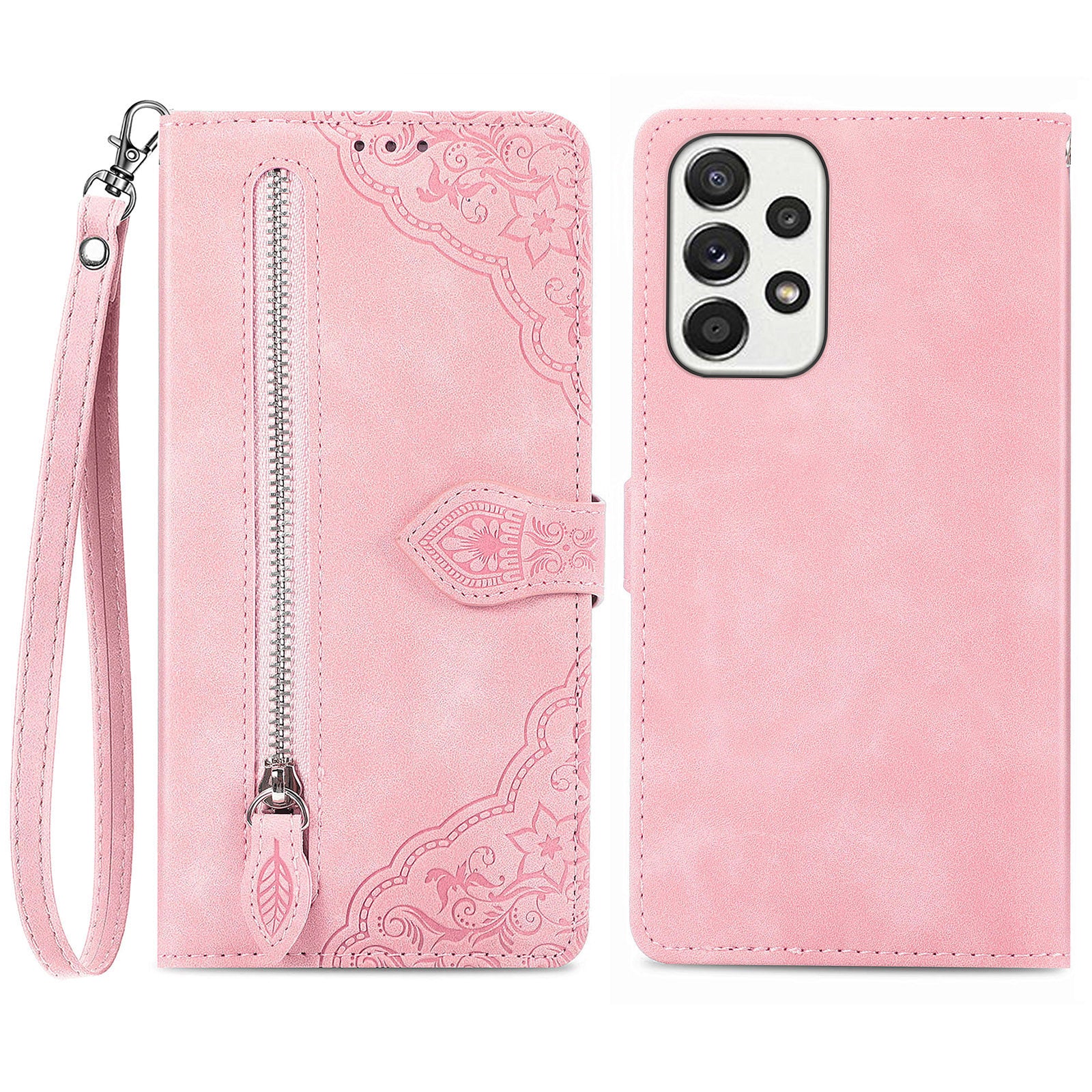 For Samsung Galaxy A73 5G Flower Imprinted Pattern Cell Phone Cover Anti-shock PU Leather Zipper Pocket Flip Wallet Case with Stand