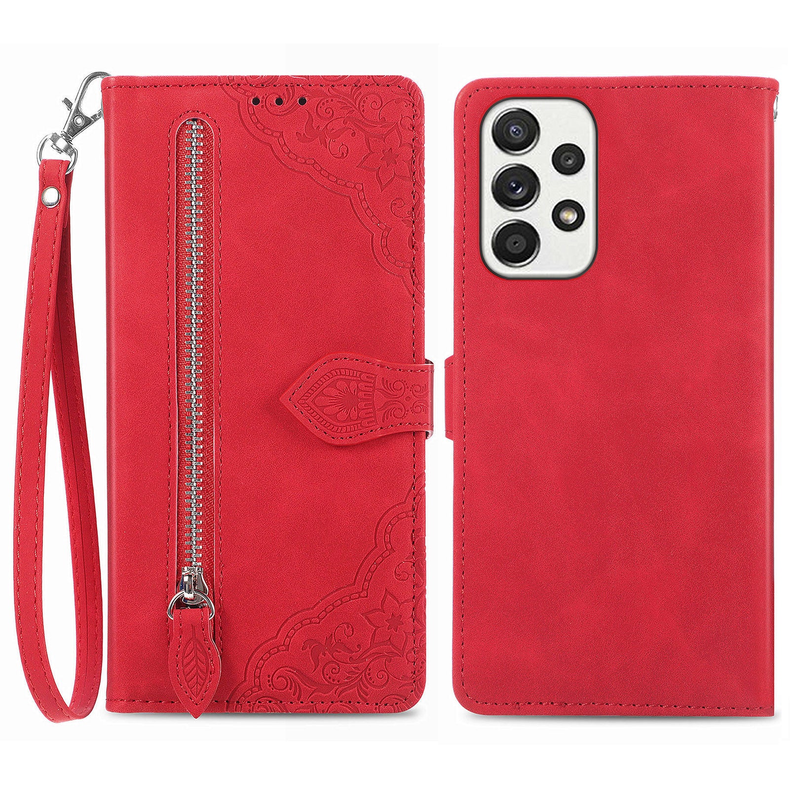 For Samsung Galaxy A73 5G Flower Imprinted Pattern Cell Phone Cover Anti-shock PU Leather Zipper Pocket Flip Wallet Case with Stand