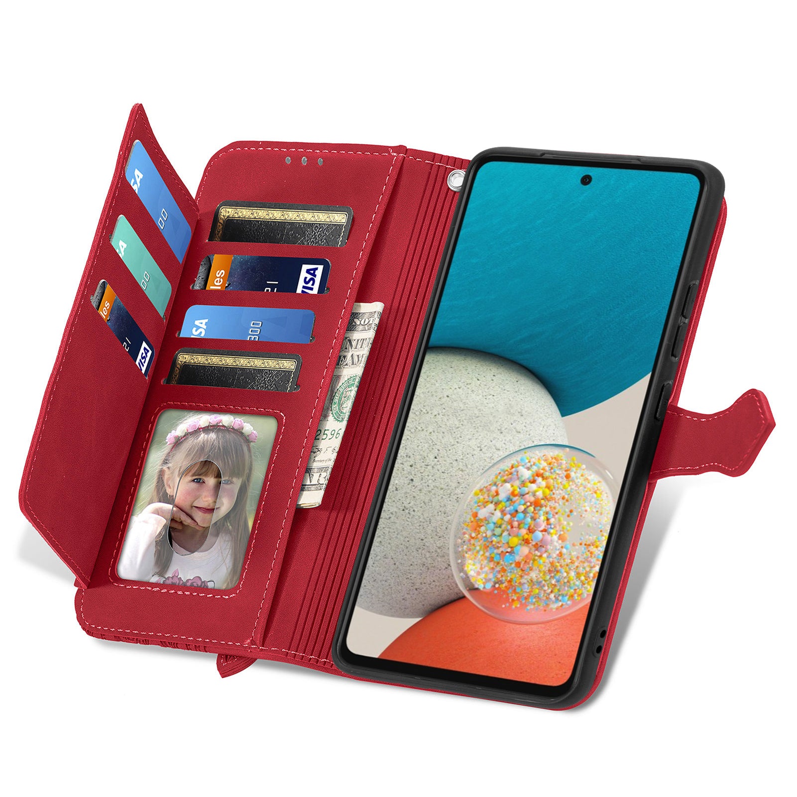 For Samsung Galaxy A73 5G Flower Imprinted Pattern Cell Phone Cover Anti-shock PU Leather Zipper Pocket Flip Wallet Case with Stand