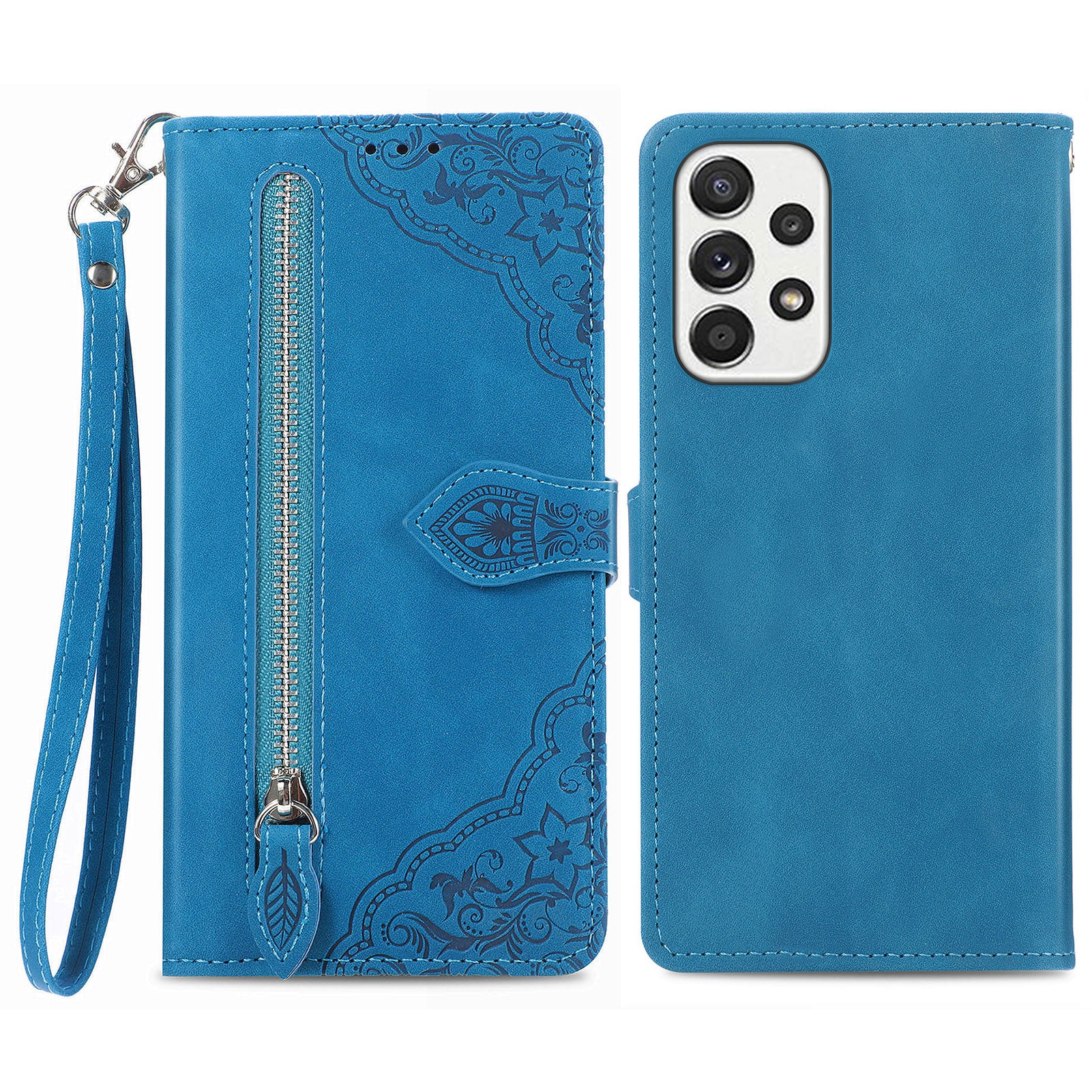 For Samsung Galaxy A73 5G Flower Imprinted Pattern Cell Phone Cover Anti-shock PU Leather Zipper Pocket Flip Wallet Case with Stand
