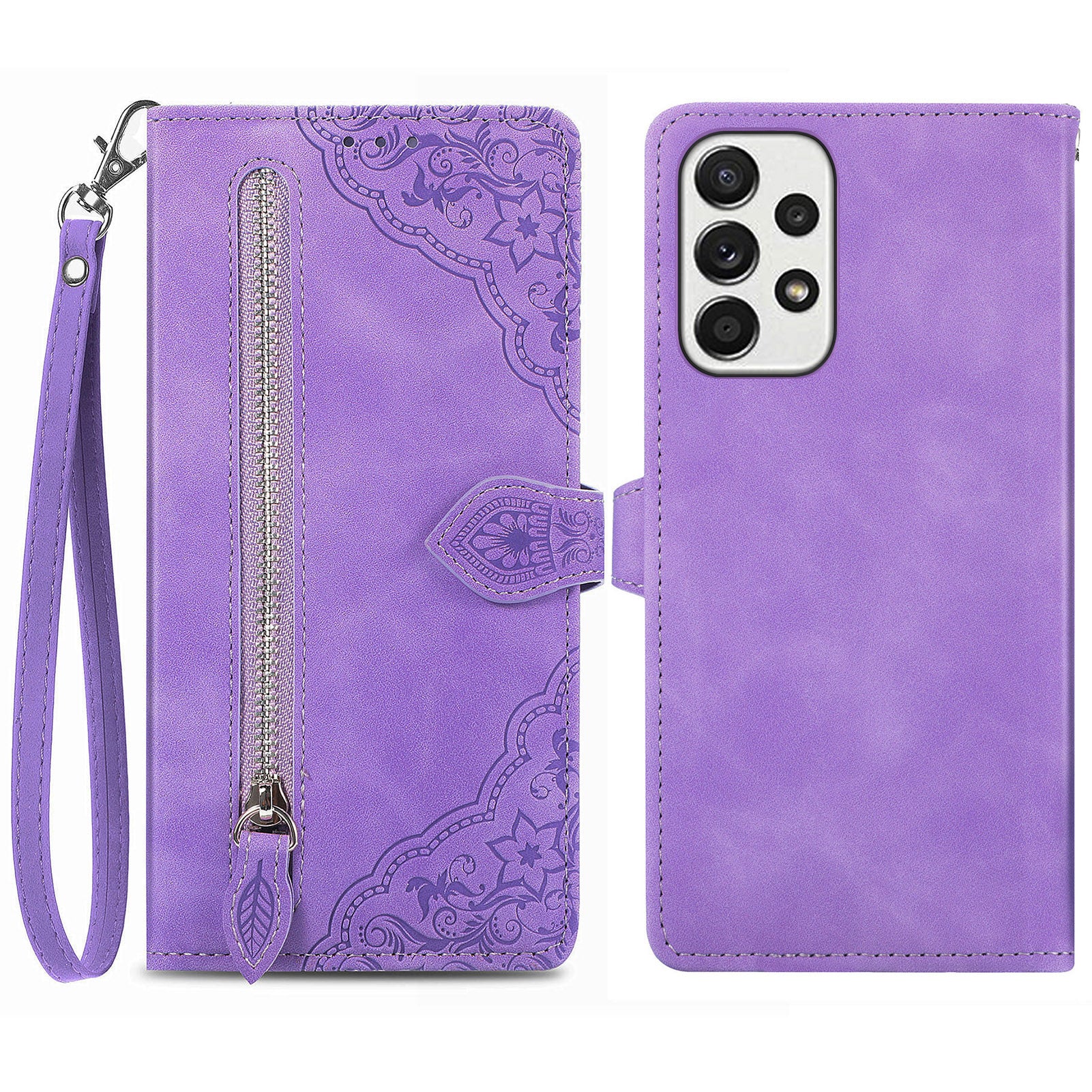 For Samsung Galaxy A73 5G Flower Imprinted Pattern Cell Phone Cover Anti-shock PU Leather Zipper Pocket Flip Wallet Case with Stand