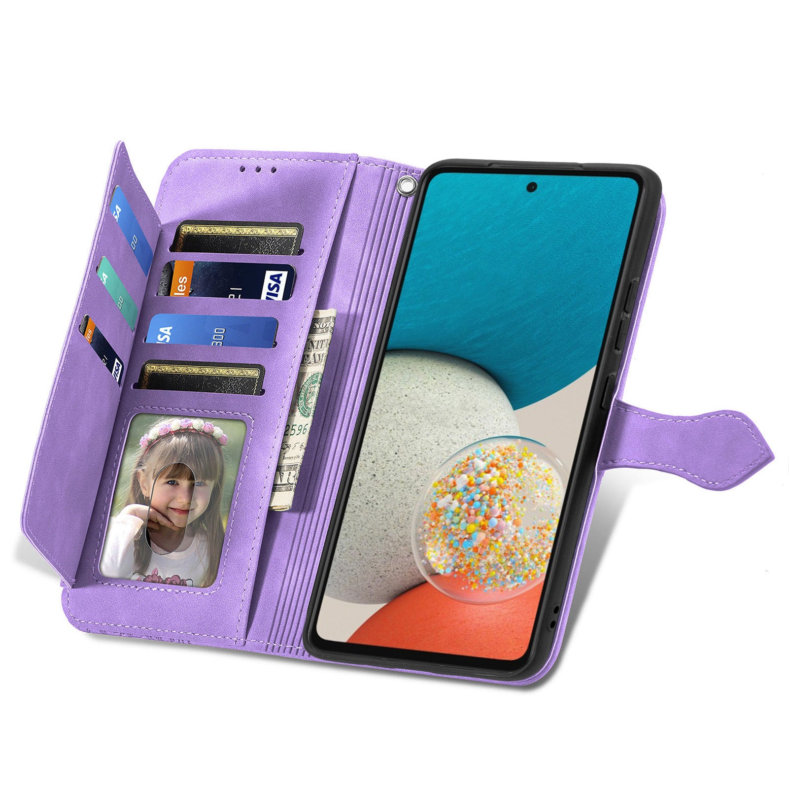 For Samsung Galaxy A73 5G Flower Imprinted Pattern Cell Phone Cover Anti-shock PU Leather Zipper Pocket Flip Wallet Case with Stand