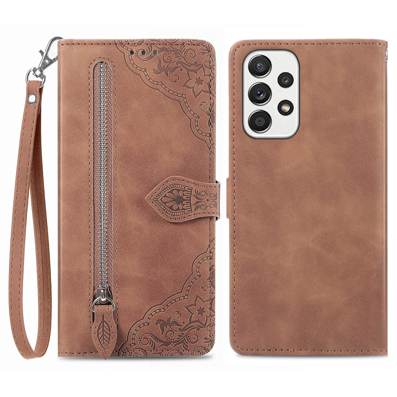For Samsung Galaxy A73 5G Flower Imprinted Pattern Cell Phone Cover Anti-shock PU Leather Zipper Pocket Flip Wallet Case with Stand