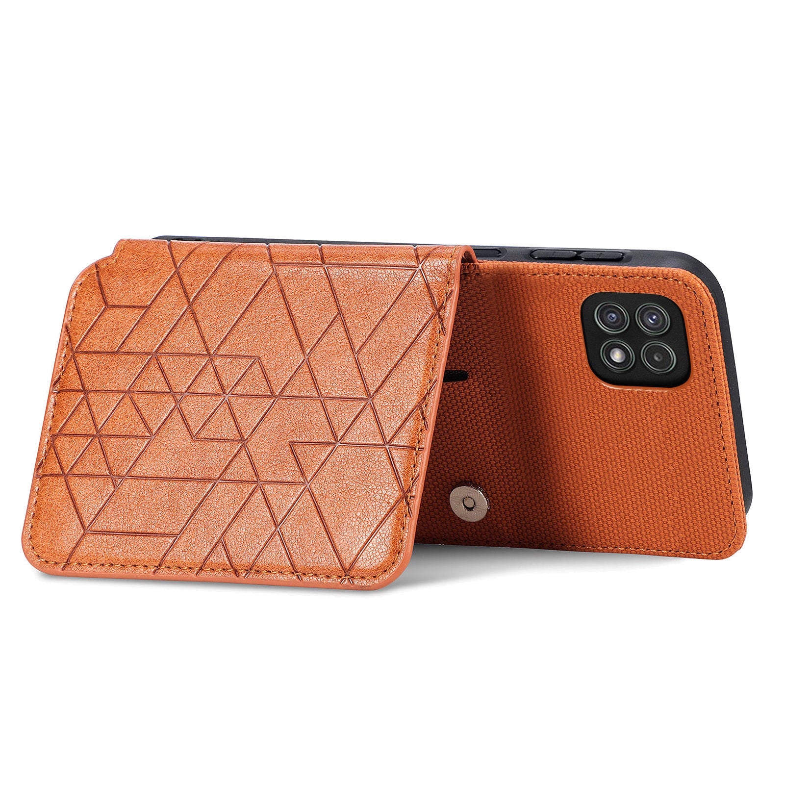 For Samsung Galaxy A22 5G (EU Version) Anti-drop Phone Case Kickstand PU Leather TPU Geometry Imprinted Wallet Cover with Strap