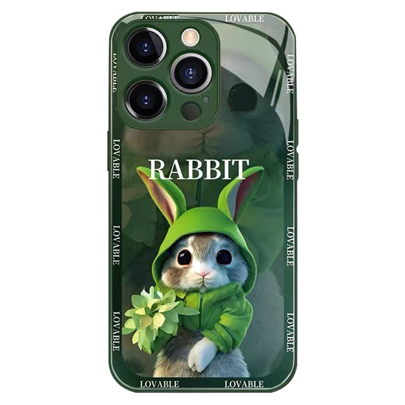 For iPhone 13 Pro 6.1 inch Cute Cartoon Rabbit Phone Back Cover Bump Proof Tempered Glass+TPU Protective Case - Red