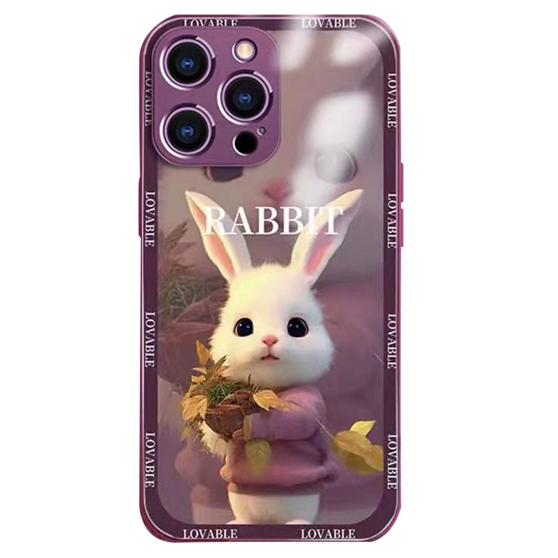 Cute Cartoon Rabbit Back Cover for iPhone 14 Pro Max Fall Proof Tempered Glass+TPU Phone Protective Case - Green