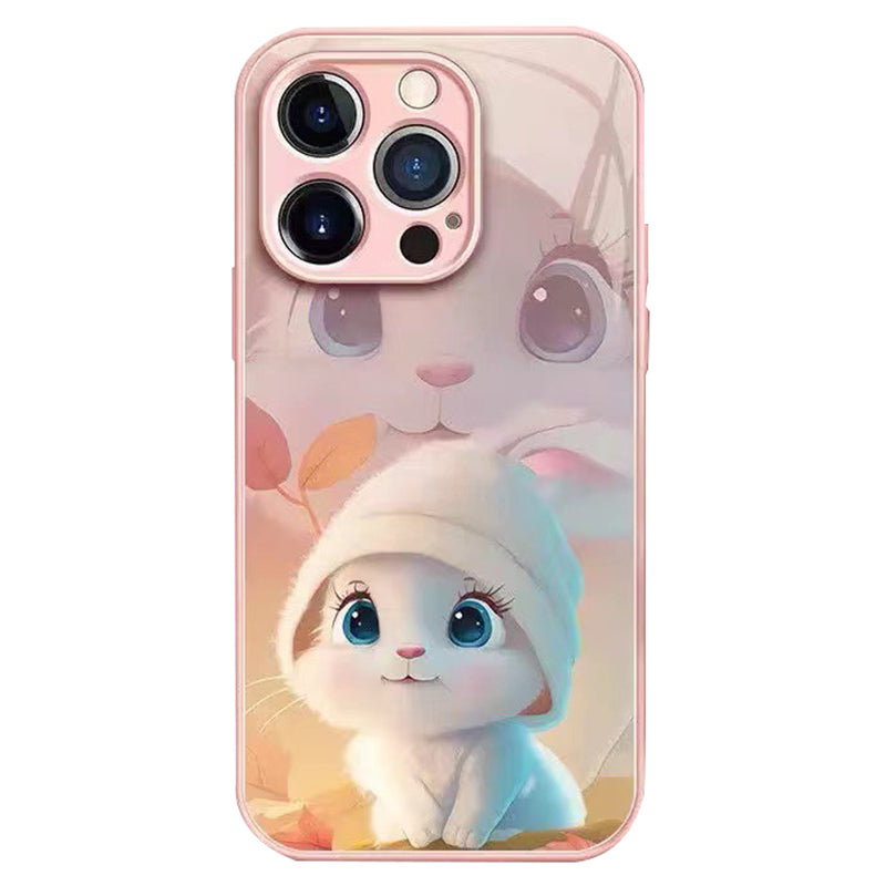 For iPhone 13 Pro 6.1 inch Shockproof Mobile Phone Case Rabbit and Leaves Pattern Tempered Glass + TPU Phone Cover - Red