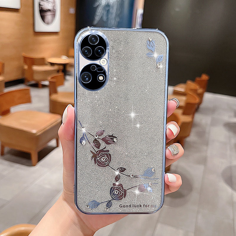 For Huawei P50 Pro 4G Rhinestone Decor Flower Pattern Glitter Powder TPU Case Electroplating Anti-drop Phone Cover