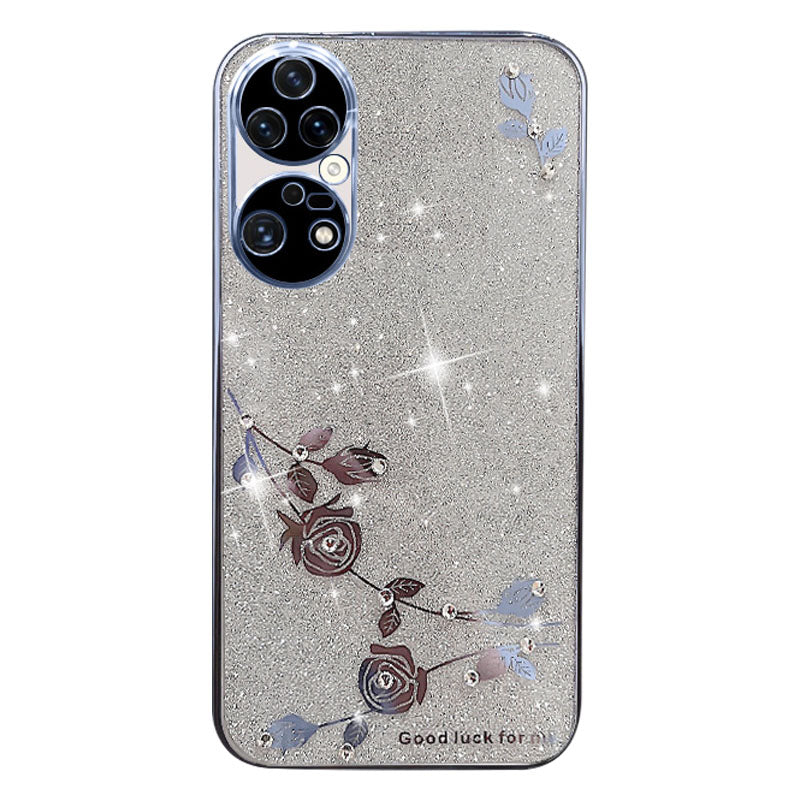 For Huawei P50 Pro 4G Rhinestone Decor Flower Pattern Glitter Powder TPU Case Electroplating Anti-drop Phone Cover