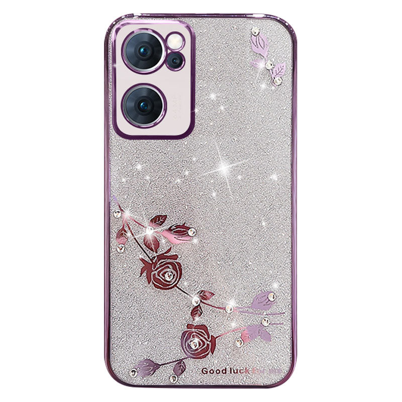 Rhinestone Phone Case for Oppo Reno7 5G (Global) Electroplating Frame Flower Pattern Decor Glitter TPU Protective Cover