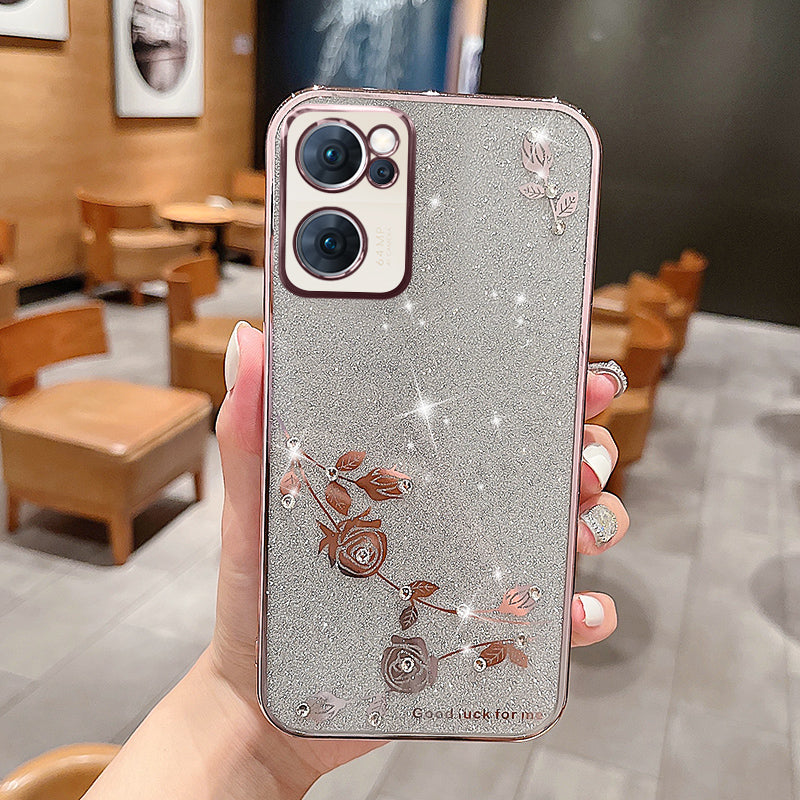 Rhinestone Phone Case for Oppo Reno7 5G (Global) Electroplating Frame Flower Pattern Decor Glitter TPU Protective Cover