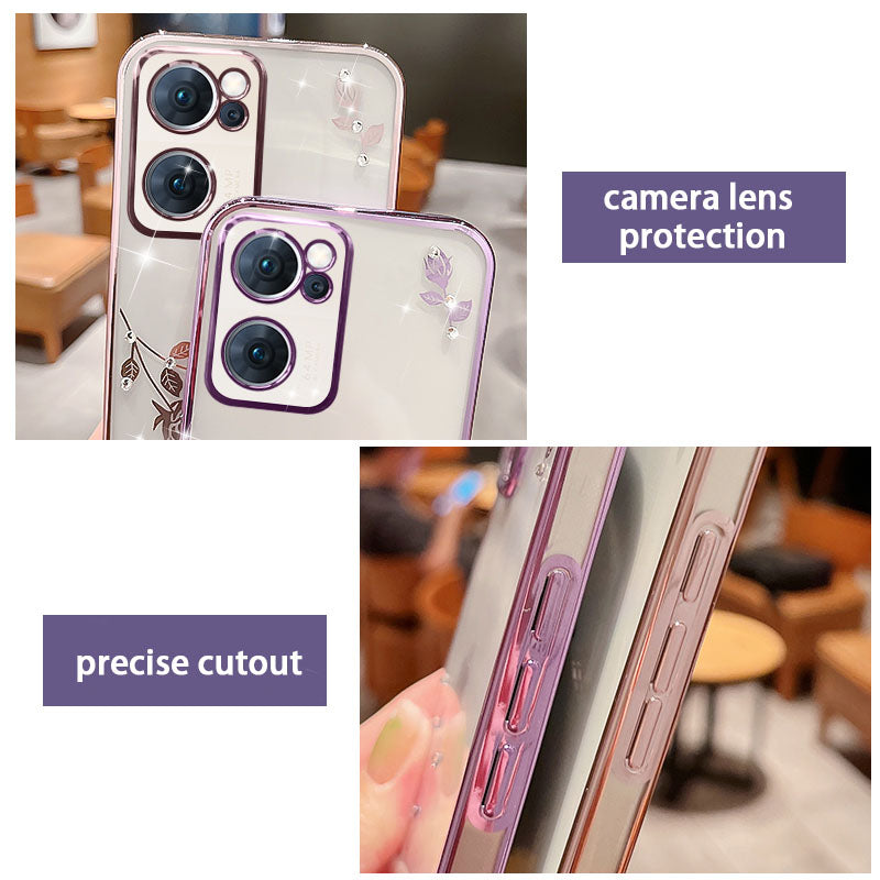 Rhinestone Phone Case for Oppo Reno7 5G (Global) Electroplating Frame Flower Pattern Decor Glitter TPU Protective Cover