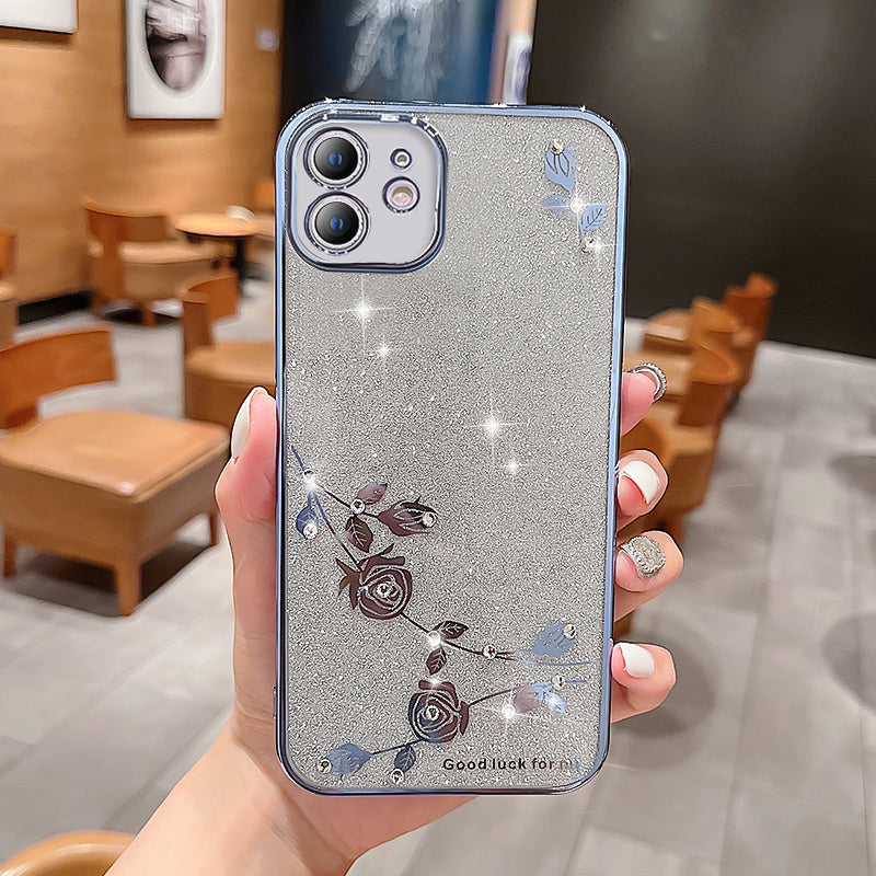 Rhinestone Decor Phone Case for iPhone 12 6.1 inch Anti-drop Flower Pattern Glitter Powder TPU Electroplating Cover