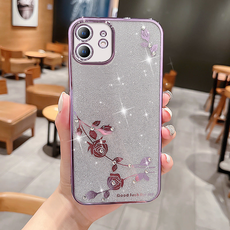 Rhinestone Decor Phone Case for iPhone 12 6.1 inch Anti-drop Flower Pattern Glitter Powder TPU Electroplating Cover