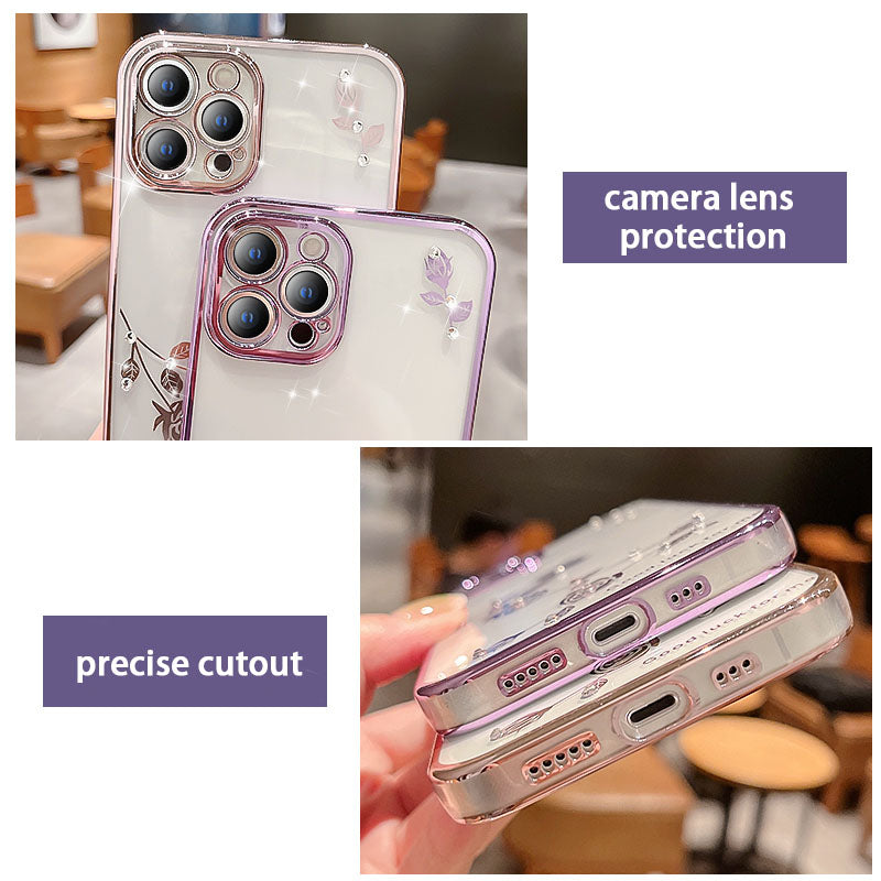 Rhinestone Decor Phone Case for iPhone 12 6.1 inch Anti-drop Flower Pattern Glitter Powder TPU Electroplating Cover