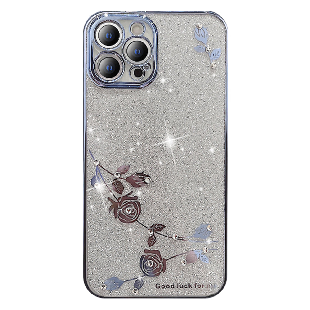 Electroplating TPU Phone Case For iPhone 14 Pro Max Rhinestone Decor Flower Pattern Decor Glitter Powder Protective Mobile Phone Cover