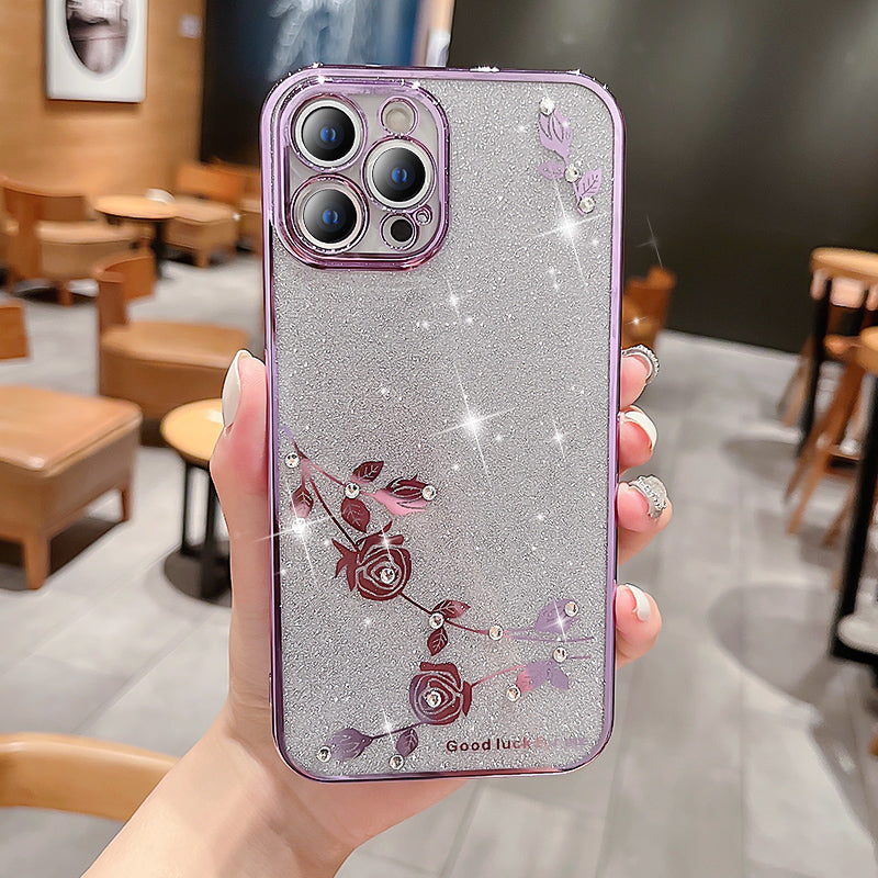 For iPhone 13 Pro 6.1 inch Rhinestone Flower Pattern Decor Glitter Powder TPU Smartphone Case Anti-drop Wear-resistant Phone Cover - Rose Gold