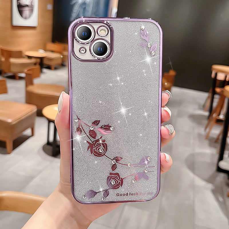 Shockproof Phone Case For iPhone 14 Plus Flower Pattern Decor Rhinestone Electroplating Glitter Powder TPU Phone Cover
