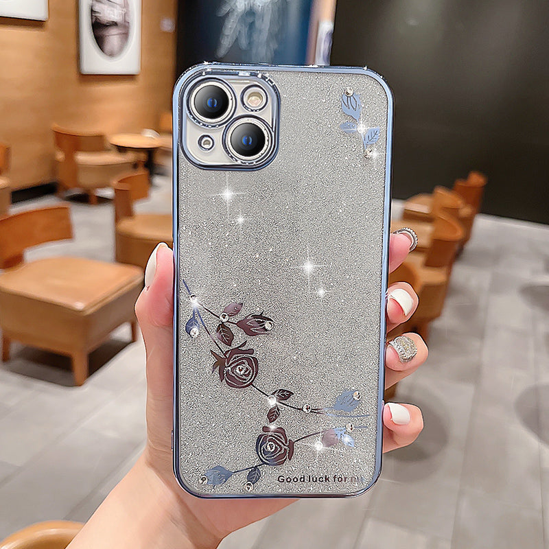 For iPhone 13 6.1 inch Flower Pattern Decor Rhinestone Electroplating Glitter Powder Drop-proof Mobile Phone Case Soft TPU Phone Cover - Rose Gold