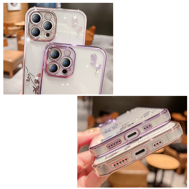 For iPhone 13 6.1 inch Flower Pattern Decor Rhinestone Electroplating Glitter Powder Drop-proof Mobile Phone Case Soft TPU Phone Cover