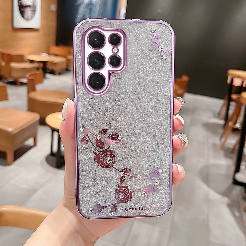 For Samsung Galaxy S23 Ultra Rhinestone Design Drop-proof Smartphone Case Anti-scratch Flower Pattern Decor Glitter Powder TPU Phone Back Cover