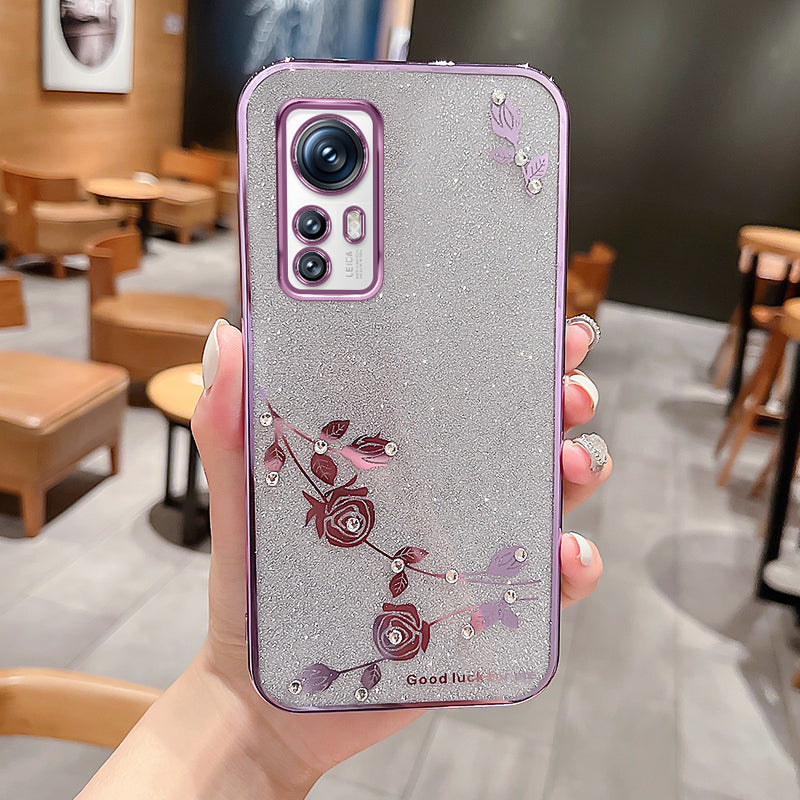 Electroplating Glitter Powder Phone Case For Xiaomi 12 5G 12S 5G 12X 5G Flower Pattern Decor Rhinestone Soft TPU Lightweight Anti-scratch Phone Cover
