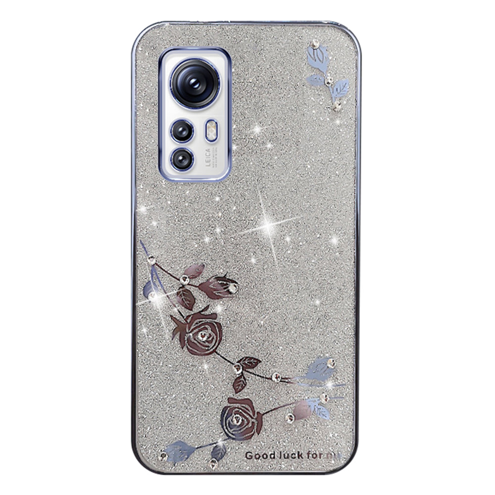 Electroplating Glitter Powder Phone Case For Xiaomi 12 5G 12S 5G 12X 5G Flower Pattern Decor Rhinestone Soft TPU Lightweight Anti-scratch Phone Cover