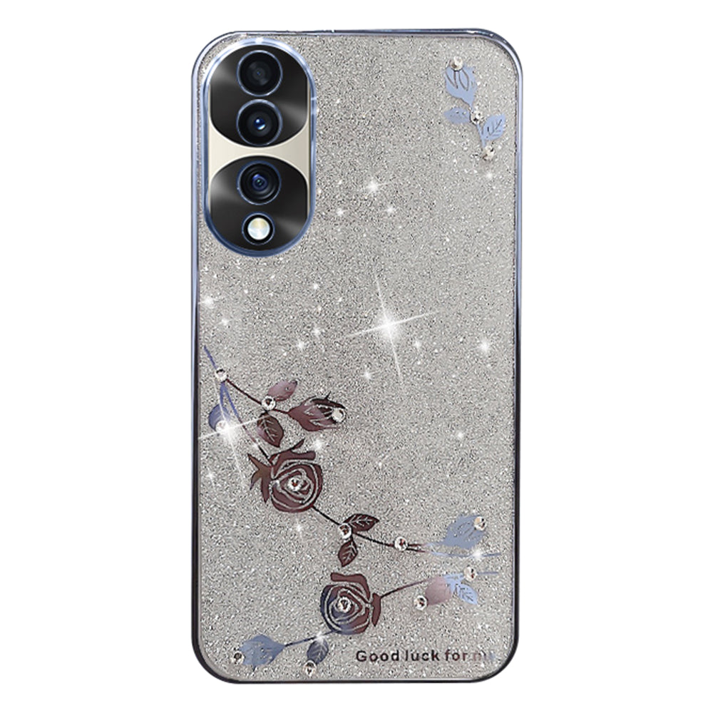 For Honor 70 Pro 5G Flower Pattern Decor Rhinestone Anti-drop Mobile Phone Case Electroplating Glitter Powder Soft TPU Protective Back Cover