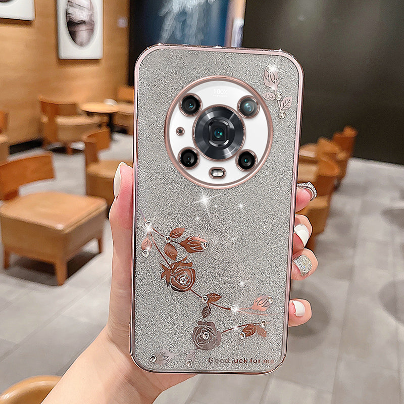 Drop-proof Phone Case For Honor Magic4 Pro 5G Electroplating Rhinestone Design Flower Pattern Decor Glitter Powder Protective TPU Phone Back Cover