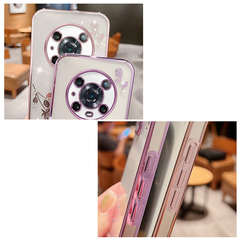 Drop-proof Phone Case For Honor Magic4 Pro 5G Electroplating Rhinestone Design Flower Pattern Decor Glitter Powder Protective TPU Phone Back Cover