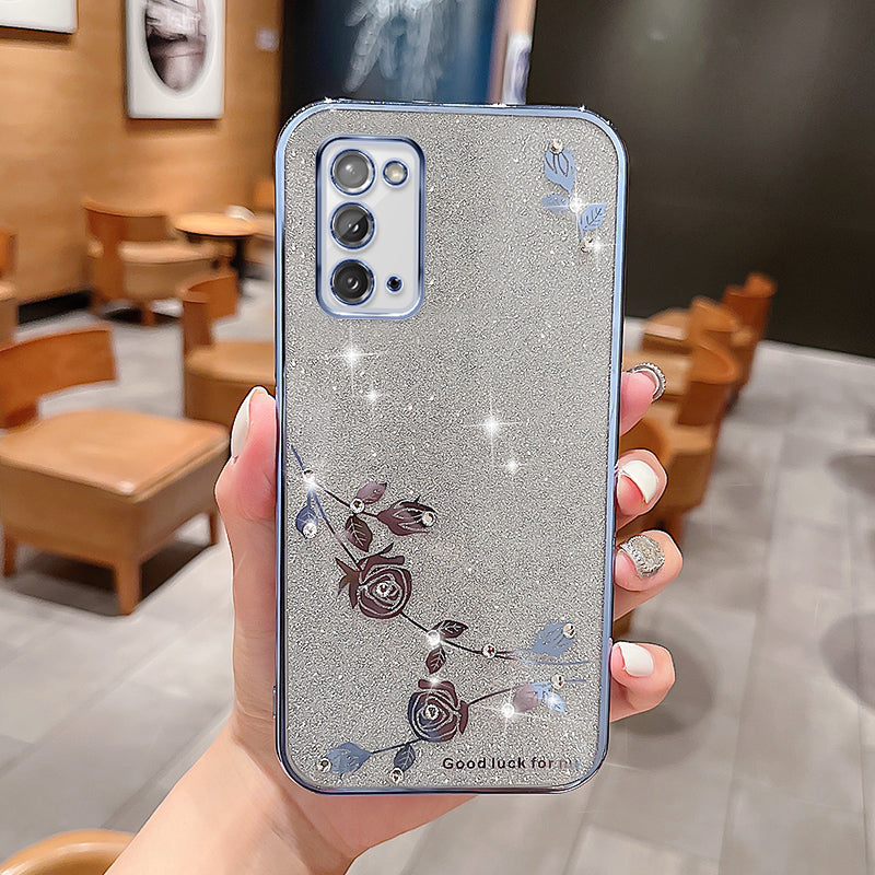Pro Samsung Galaxy Note20 5G Pouzdro na telefon Galaxy Note20 Květinový vzor Dekor Štrasový galvanický třpytivý prášek TPU Kryt na telefon