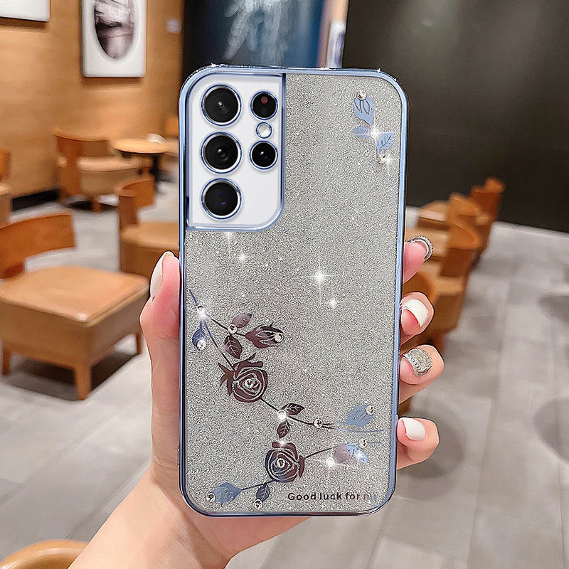 TPU Smartphone Case For Samsung Galaxy S21 Ultra 5G Electroplating Rhinestone Design Flower Pattern Decor Anti-fall Glitter Phone Cover