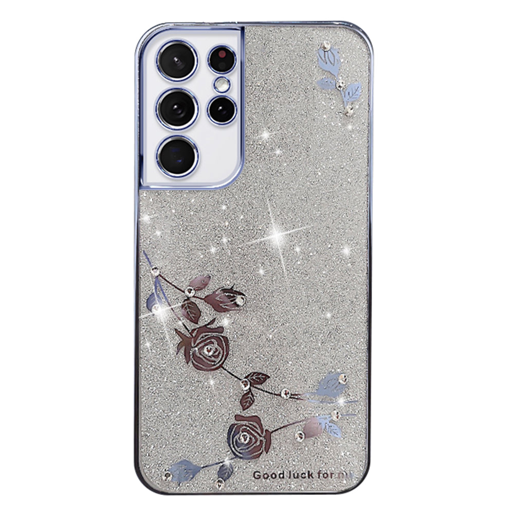 TPU Smartphone Case For Samsung Galaxy S21 Ultra 5G Electroplating Rhinestone Design Flower Pattern Decor Anti-fall Glitter Phone Cover