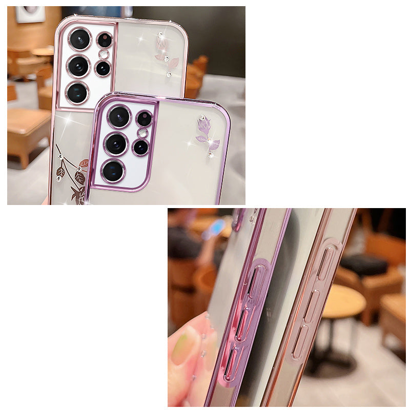 TPU Smartphone Case For Samsung Galaxy S21 Ultra 5G Electroplating Rhinestone Design Flower Pattern Decor Anti-fall Glitter Phone Cover
