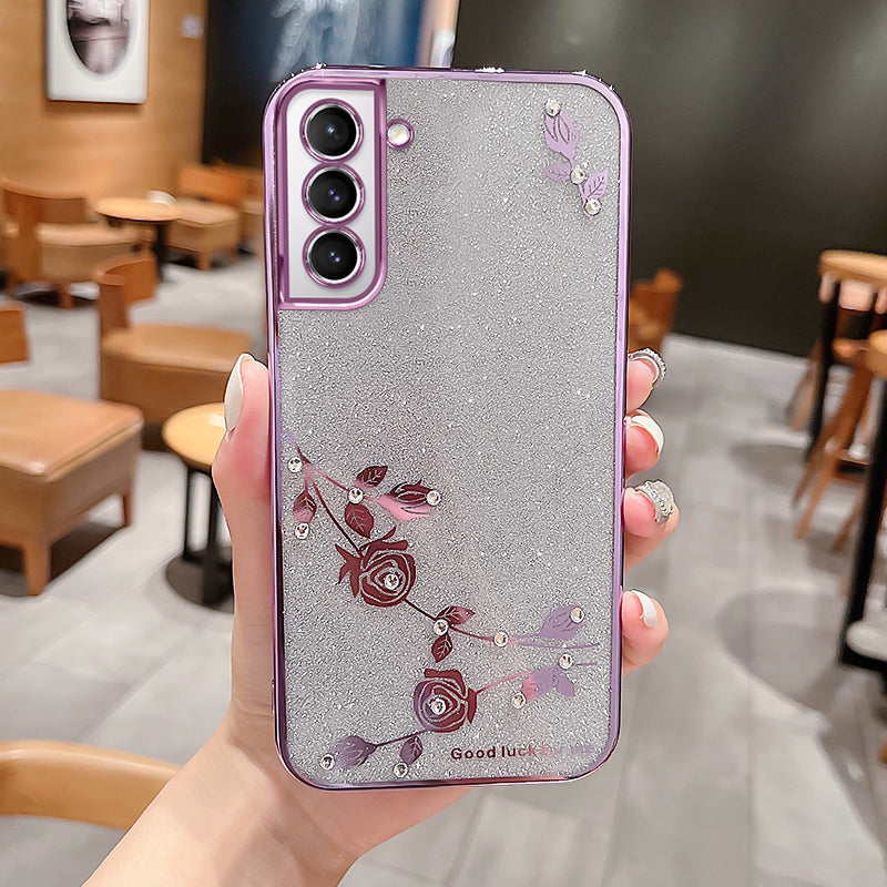 Shockproof Glitter Phone Case For Samsung Galaxy S21 5G Electroplating Rhinestone Design Flower Pattern Decor TPU Bumper Cover