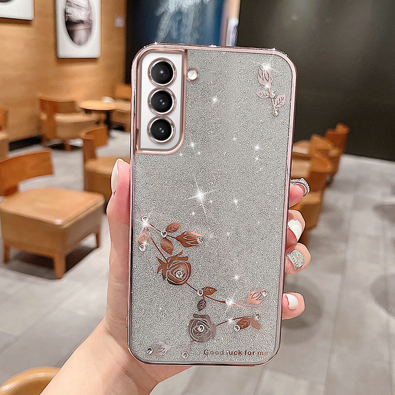 Shockproof Glitter Phone Case For Samsung Galaxy S21 5G Electroplating Rhinestone Design Flower Pattern Decor TPU Bumper Cover