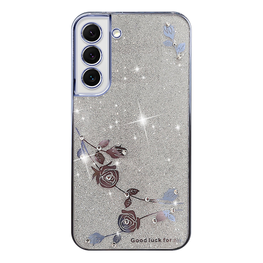 Anti-drop Glitter Phone Case For Samsung Galaxy S22 5G Electroplating Rhinestone Design Flower Pattern Decor Anti-scratch TPU Bumper Cover