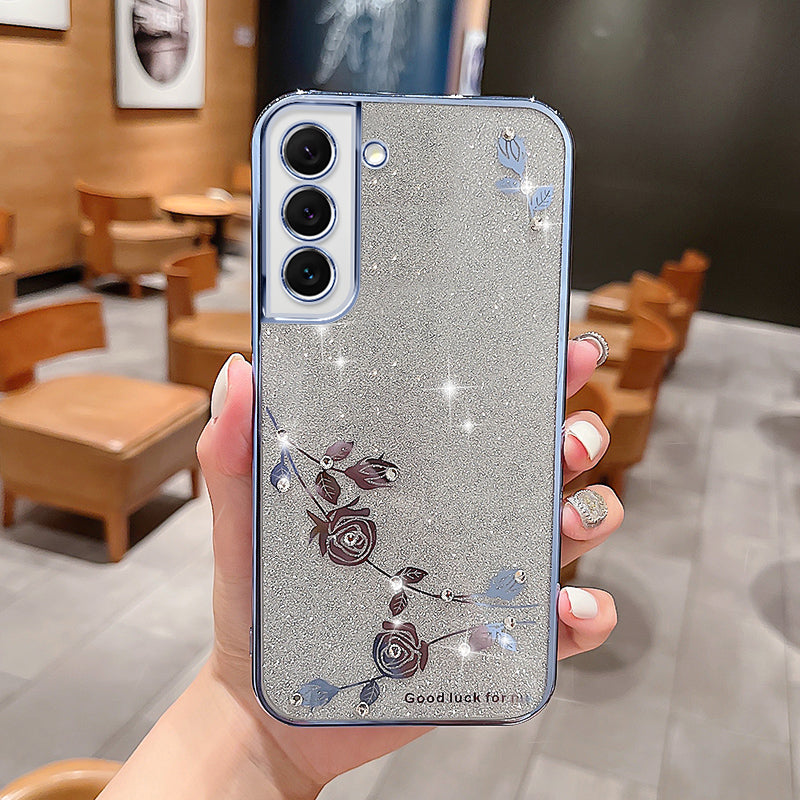 Slim Shockproof TPU Phone Case For Samsung Galaxy S22 5G Electroplating Rhinestone Design Flower Pattern Decor Glitter Phone Bumper Cover